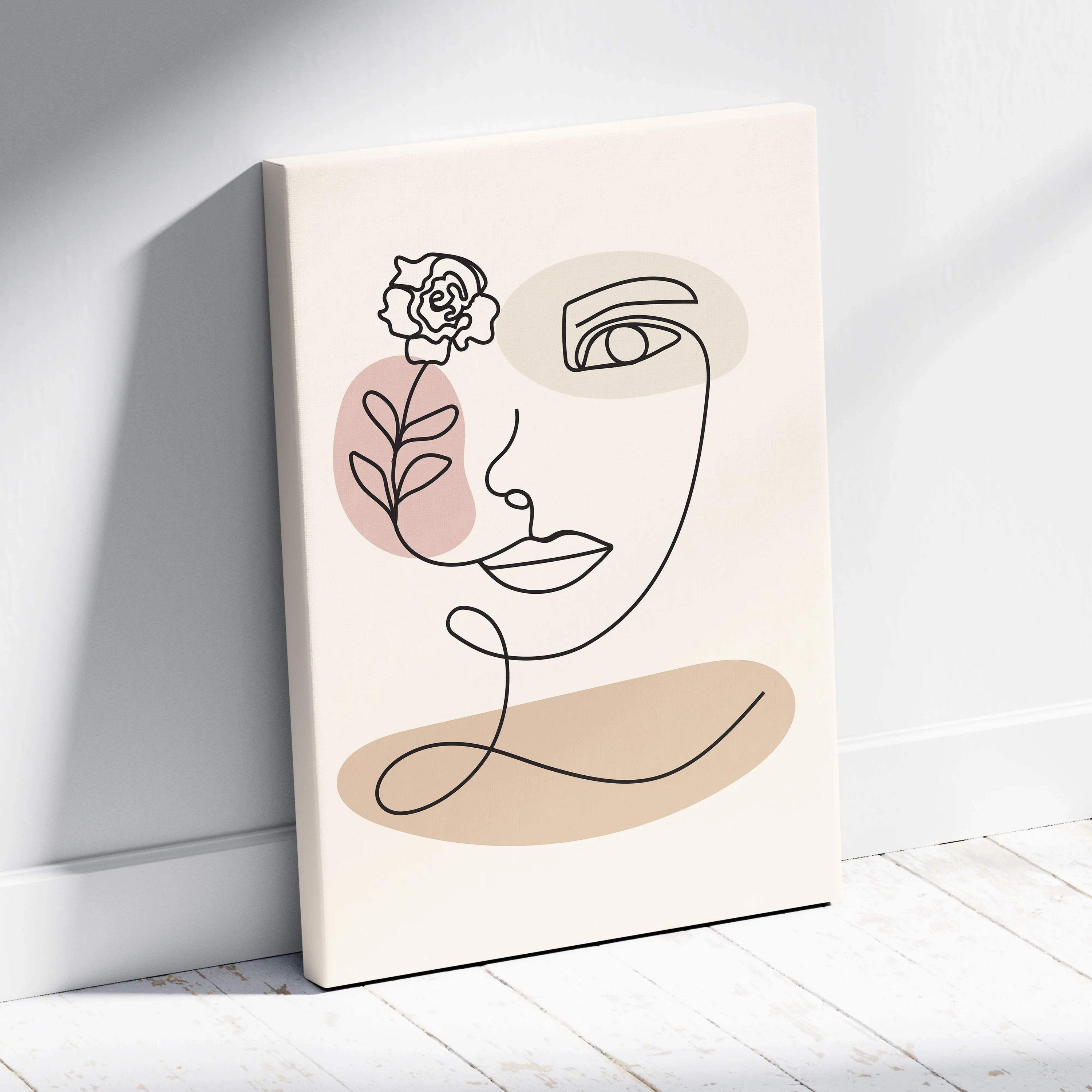 Minimalist line art woman portrait with rose boho beige canvas print