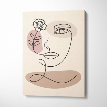 Minimalist boho line art woman portrait with rose on beige taupe canvas