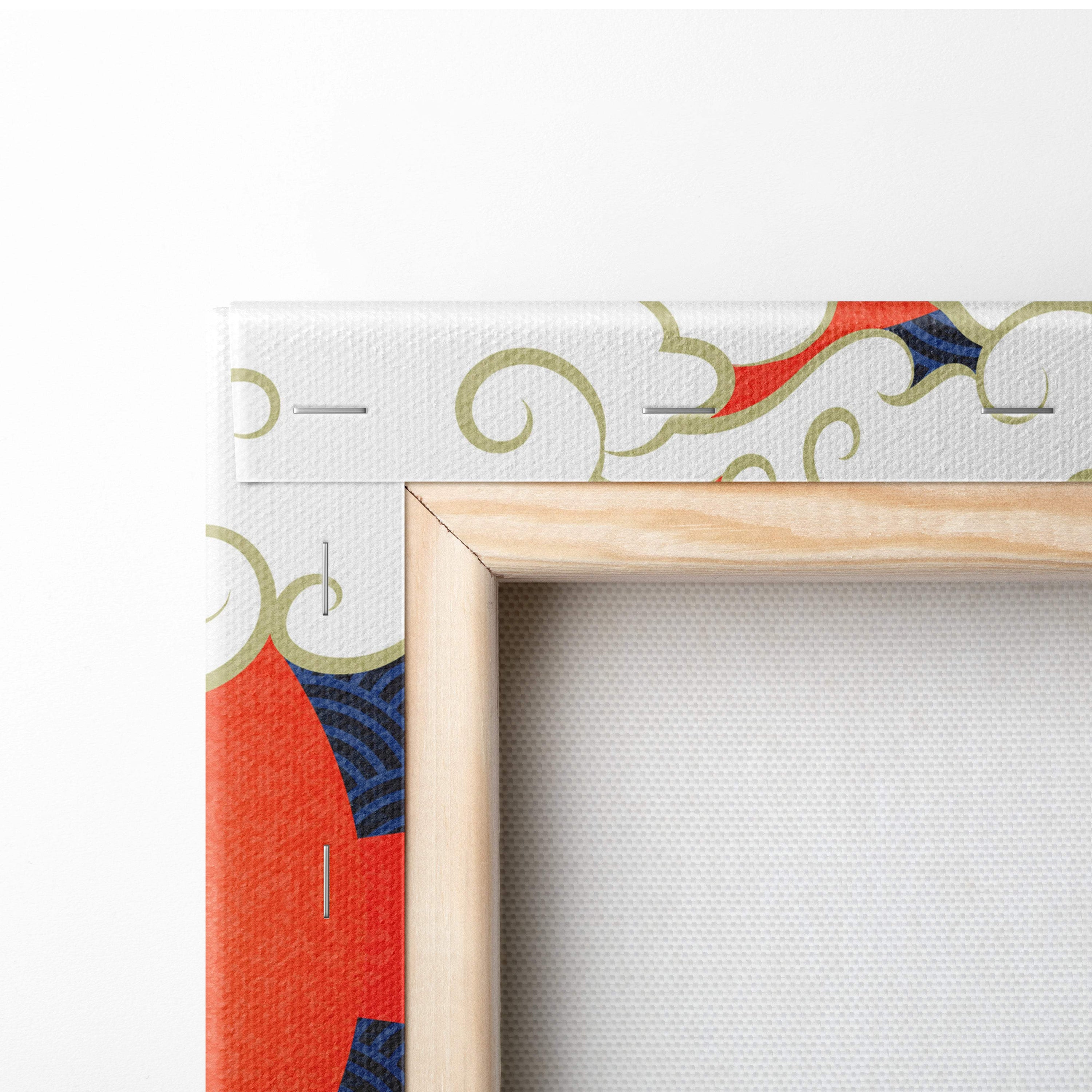 A wooden-framed canvas print of blue japanese dragon with red sun and green swirling patterns on white textured background