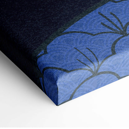 Blue canvas wall art with stylized dark gray floral design on textured navy background for living room decor