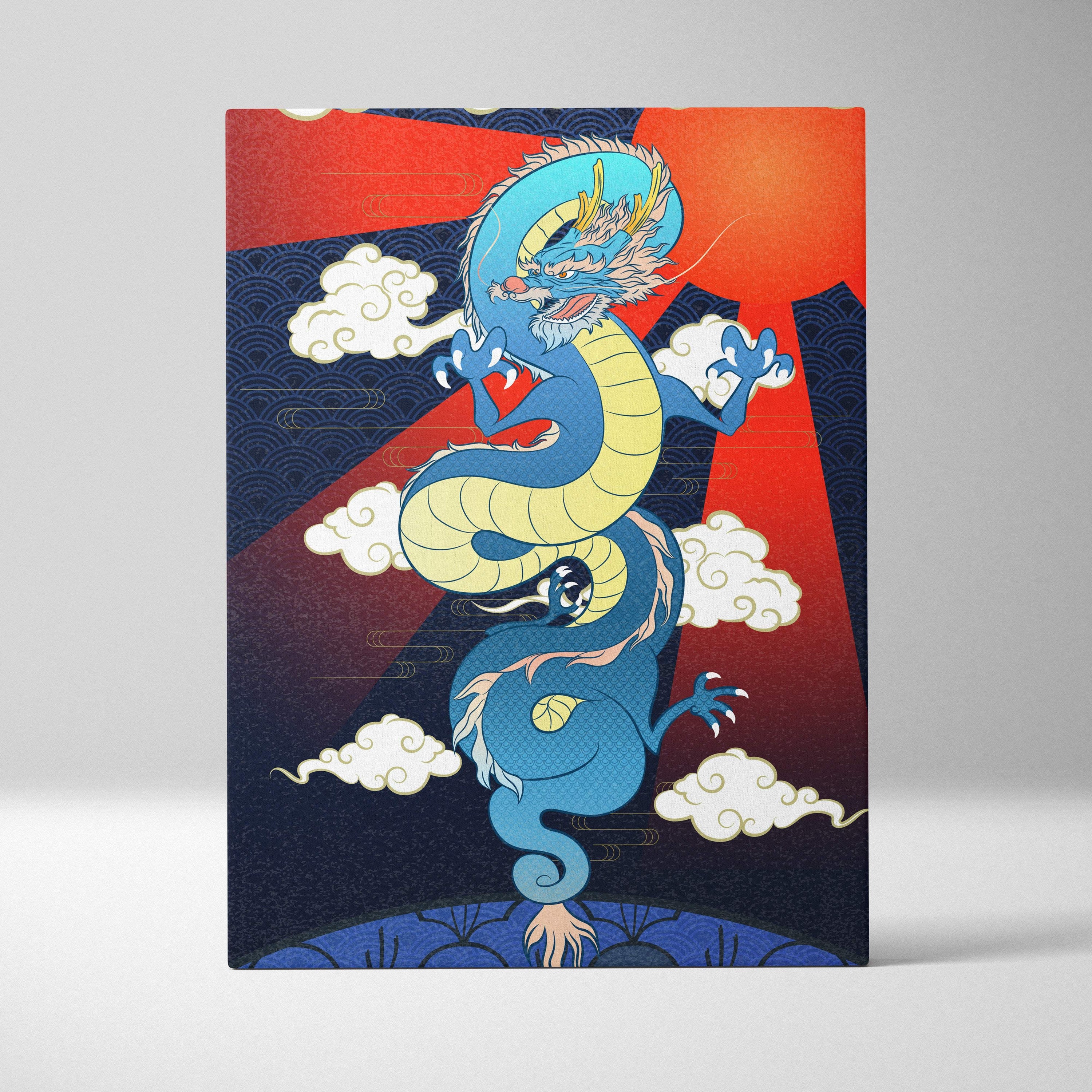 Blue japanese dragon canvas wall art with vibrant blue and yellow dragon and traditional wave patterns on orange-red sky