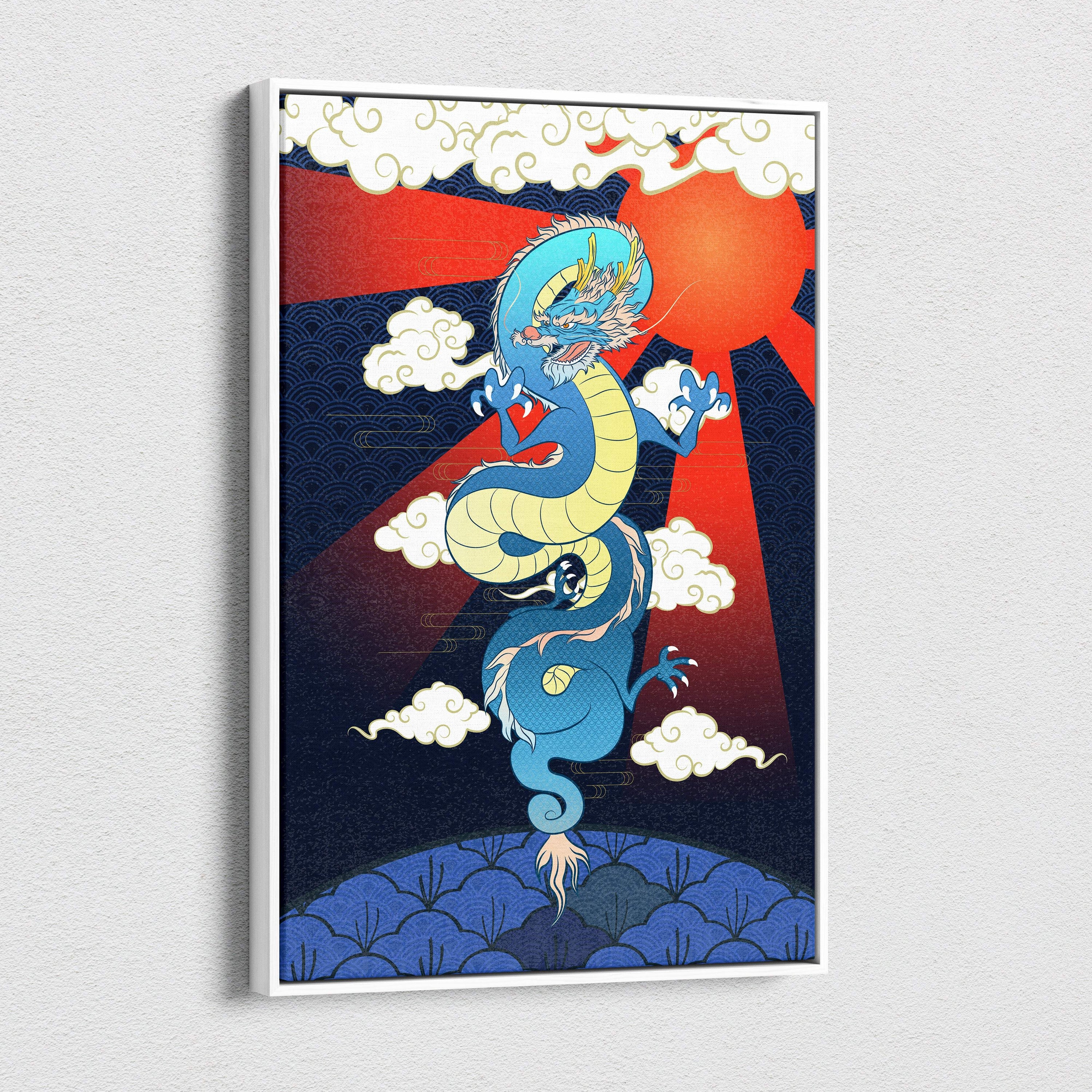 Blue and yellow Japanese dragon canvas wall art with red sun and bold mythical cloud design for game or living room decor