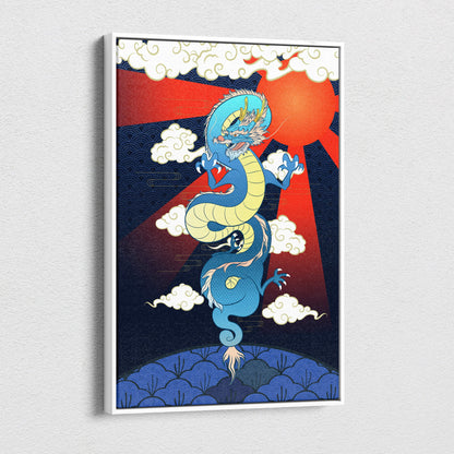 Blue and yellow Japanese dragon canvas wall art with red sun and bold mythical cloud design for game or living room decor