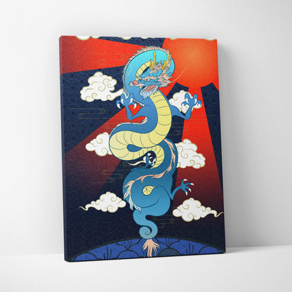 Blue japanese dragon canvas wall art featuring vibrant scales and red clouds in a bold mythical tattoo style