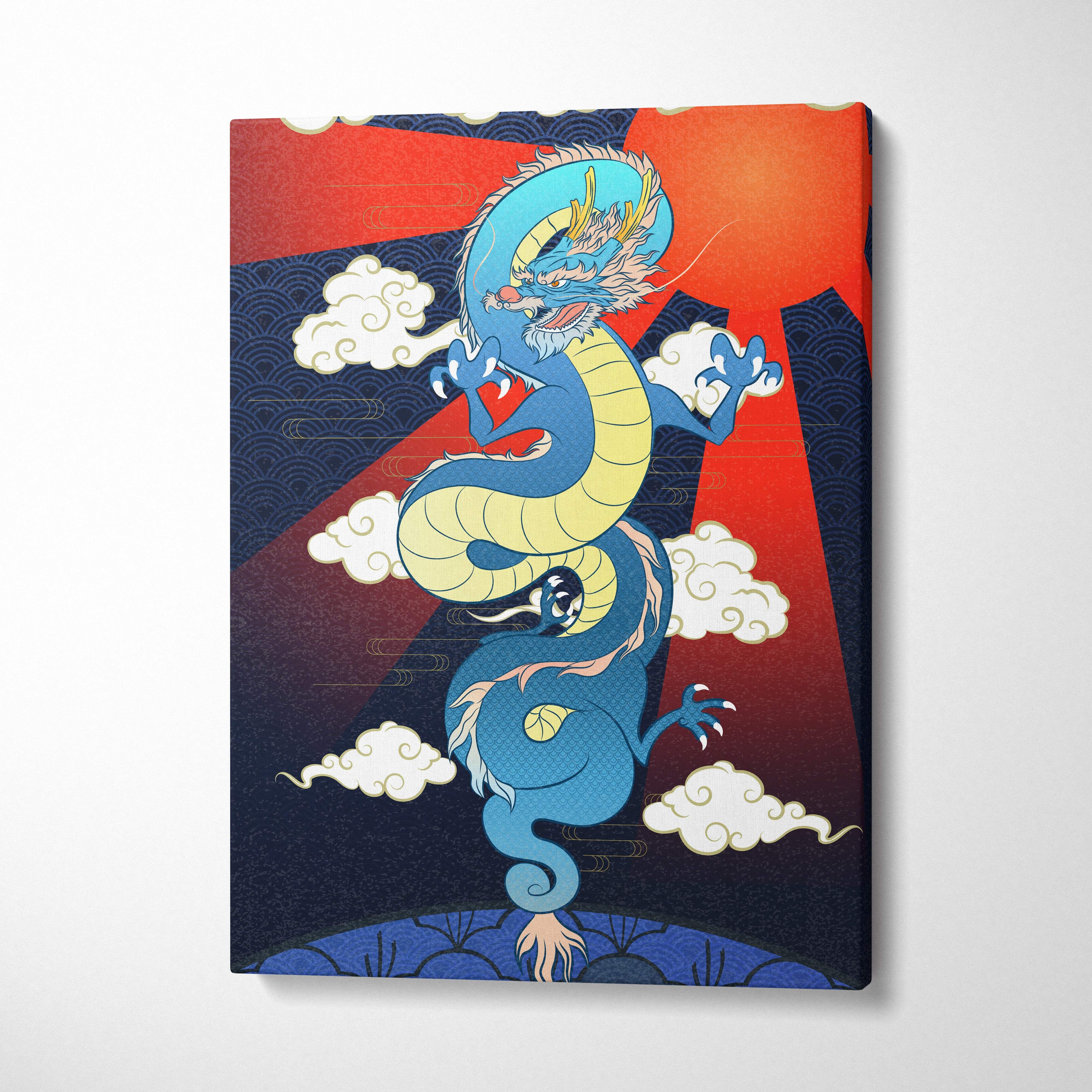 Blue Japanese dragon canvas wall art with vibrant blue and yellow dragon on red and navy background for room decor