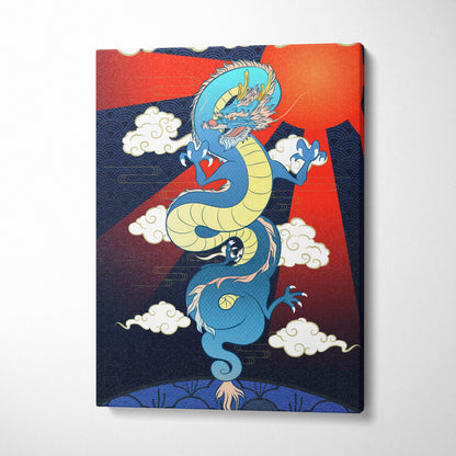 Blue Japanese dragon canvas wall art with vibrant blue and yellow dragon on red and navy background for room decor