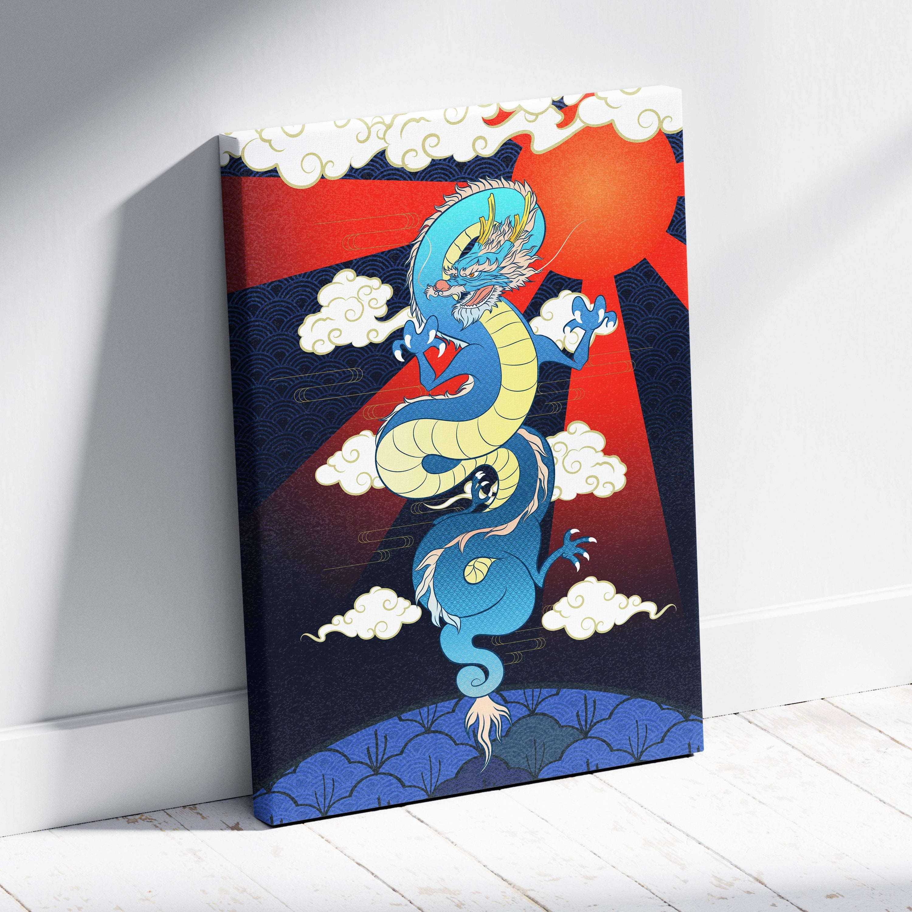 Blue Japanese dragon canvas wall art with vibrant colors set against red sun and navy waves for game room decor