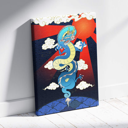 Blue Japanese dragon canvas wall art with vibrant colors set against red sun and navy waves for game room decor