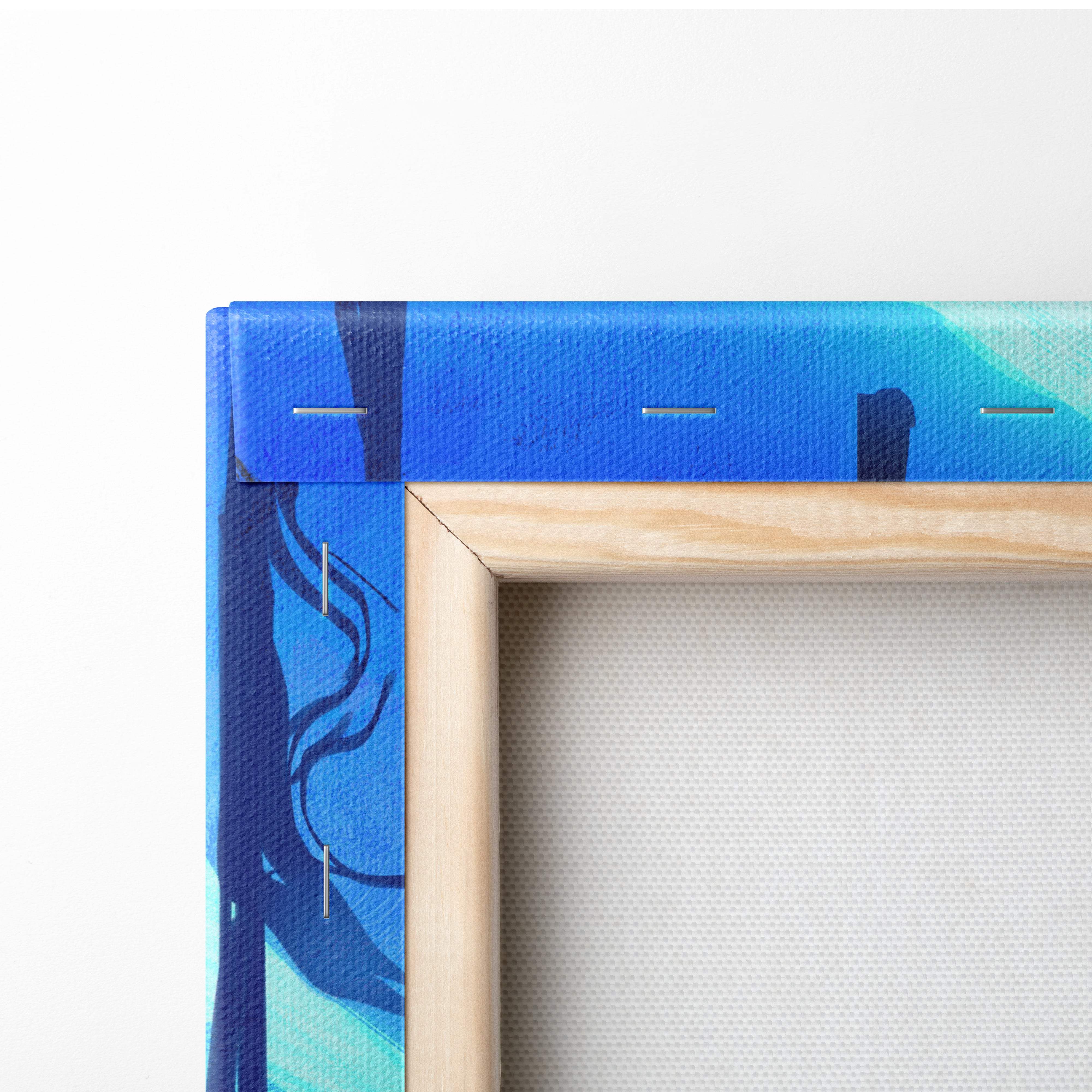 Blue canvas painting with abstract tree design framed in light wood for dark fantasy battle scene wall decor