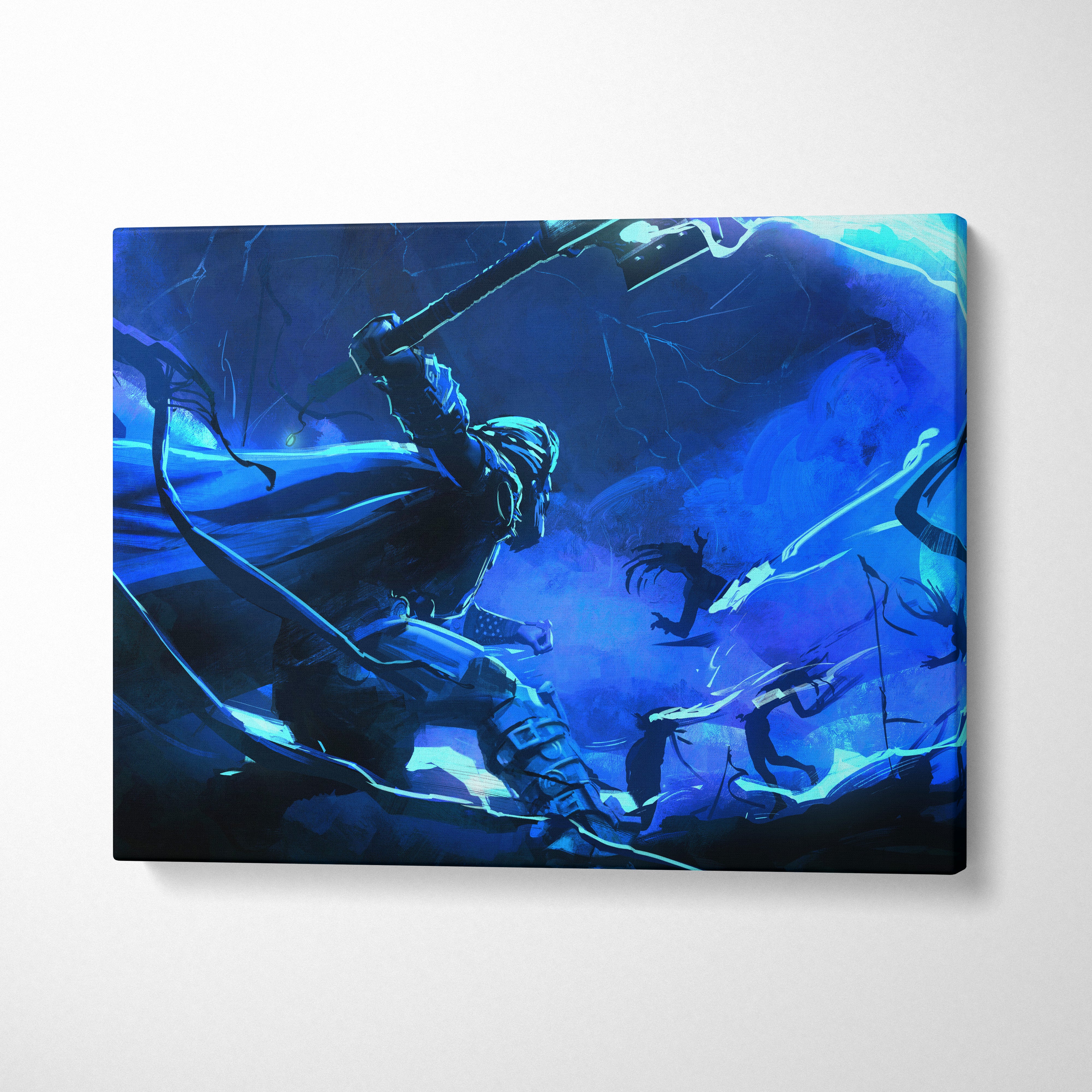 Blue Shadow Warrior Canvas Art – Dark Fantasy Battle Scene with Glowing Blade, Neon Blue Cinematic Lighting, Abstract Action Digital Painting Wall Decor