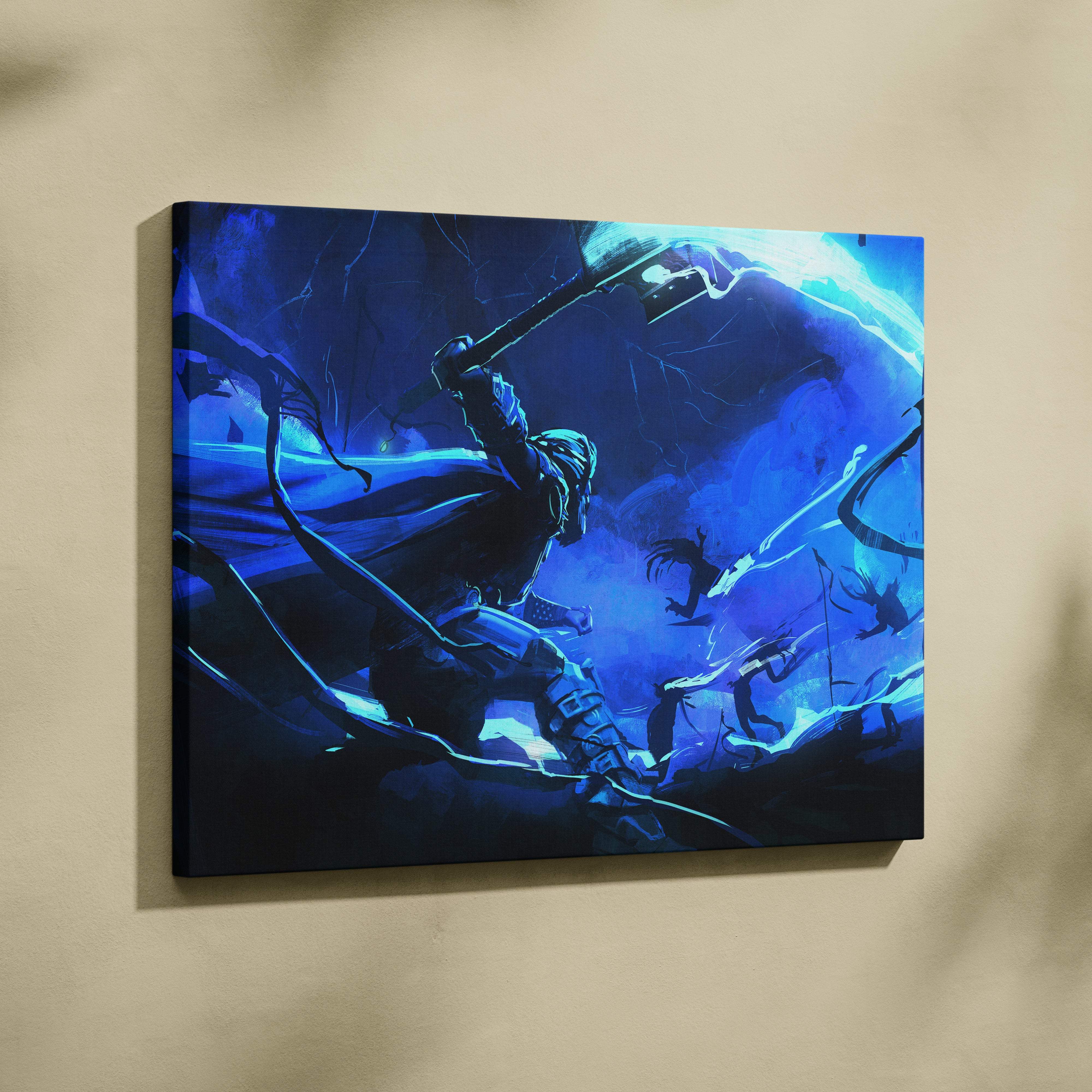 Blue fantasy-themed canvas art showing a warrior in dark armor with a glowing hammer fighting shadowy creatures
