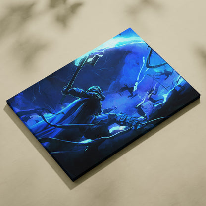 Blue Shadow Warrior Canvas Art – Dark Fantasy Battle Scene with Glowing Blade, Neon Blue Cinematic Lighting, Abstract Action Digital Painting Wall Decor