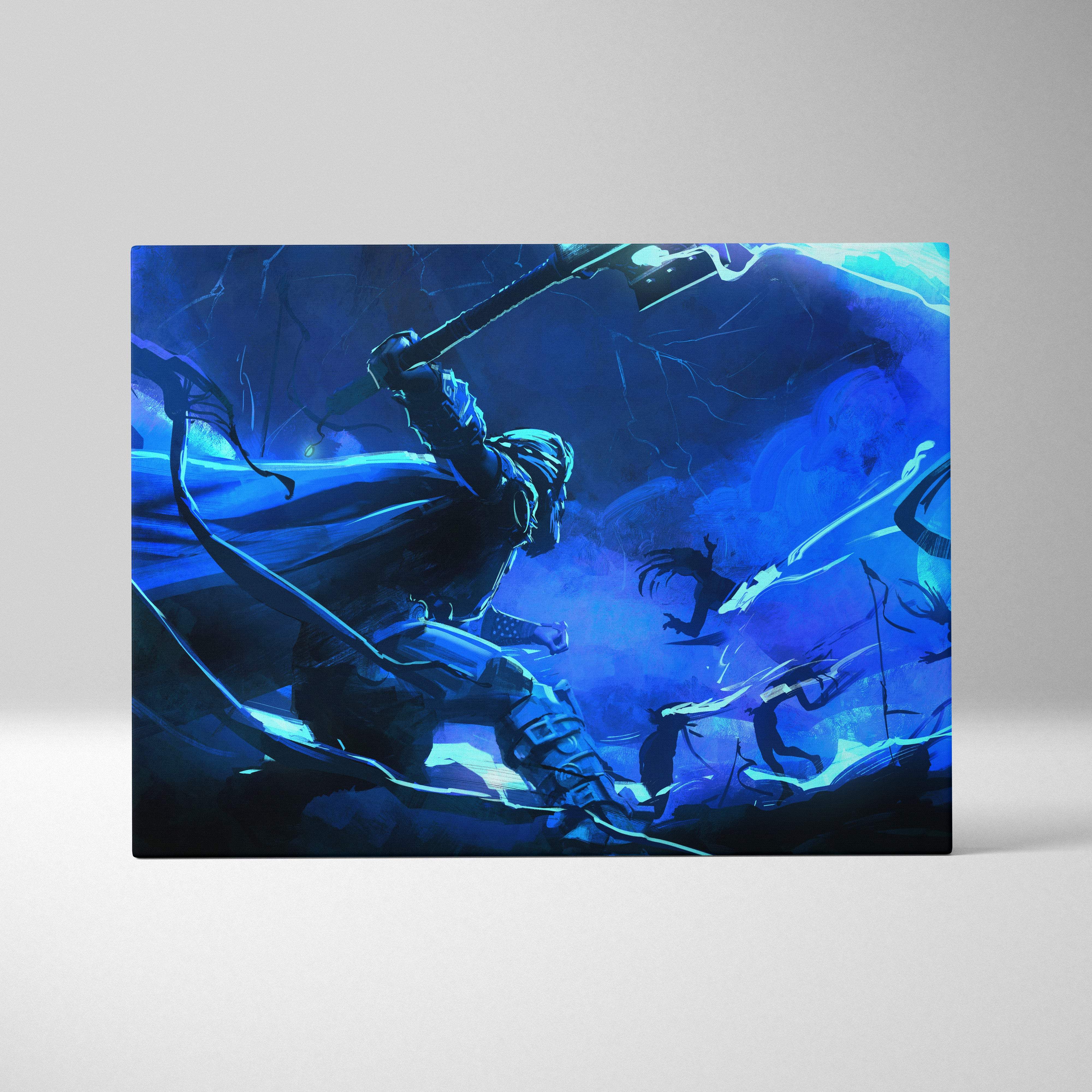 Blue shadow warrior canvas art featuring a dark armored warrior with glowing blue axe in a fantasy battle scene
