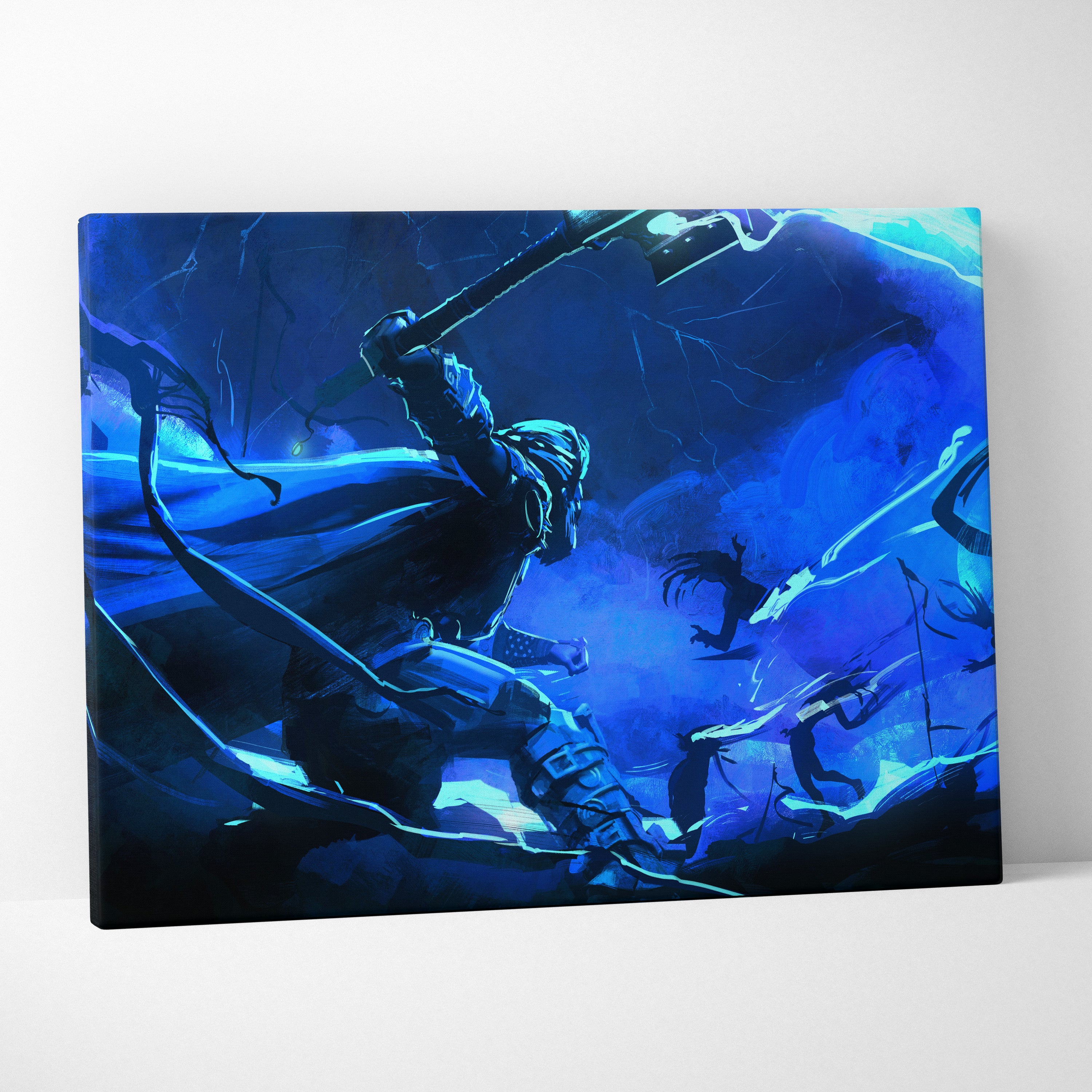 Blue Shadow Warrior Canvas Art – Dark Fantasy Battle Scene with Glowing Blade, Neon Blue Cinematic Lighting, Abstract Action Digital Painting Wall Decor