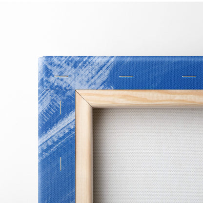 Flying griffin warrior canvas art with blue textured canvas and visible stitching in a light wood frame