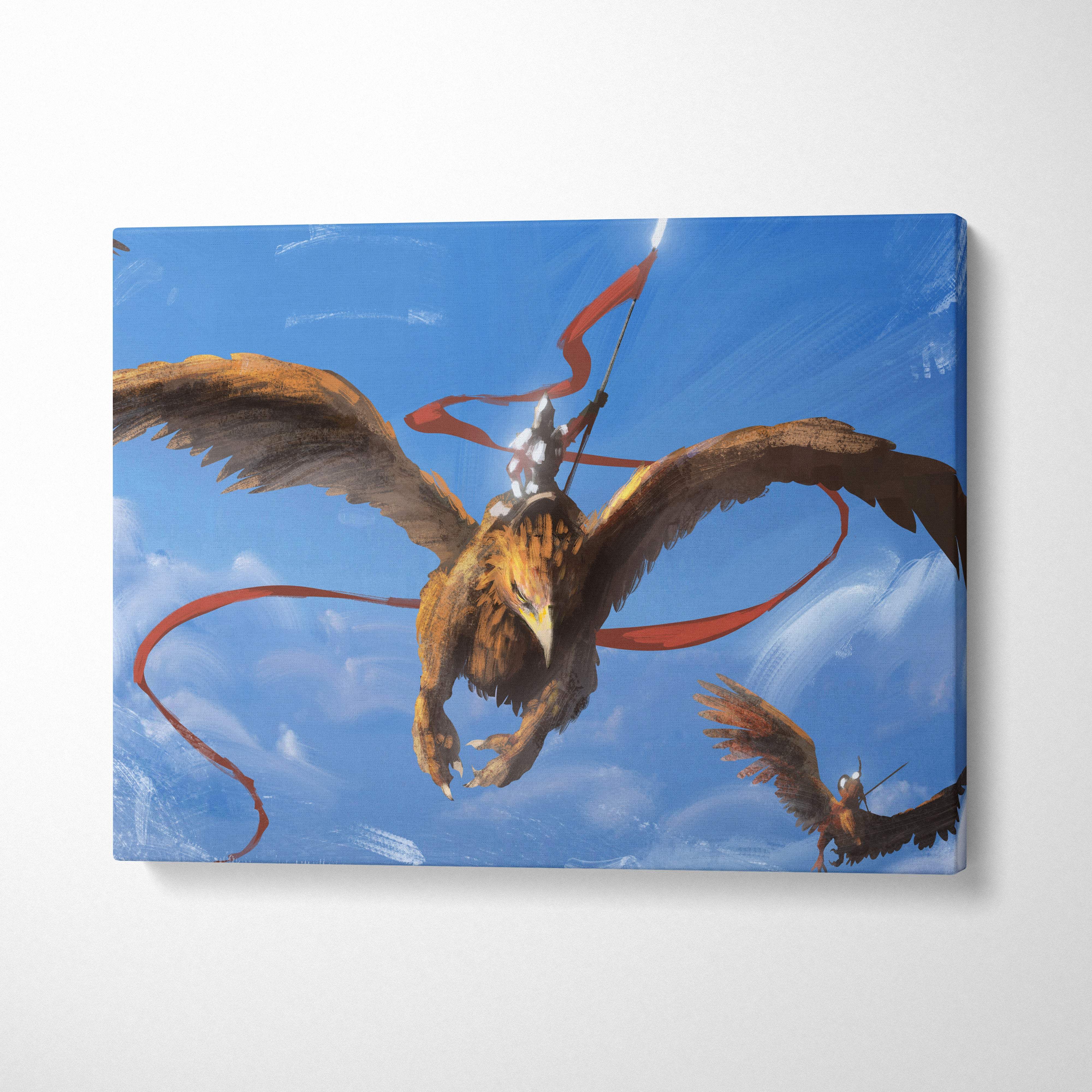 Flying griffin warrior canvas art showing golden brown griffin with wings and rider in blue sky with red ribbons