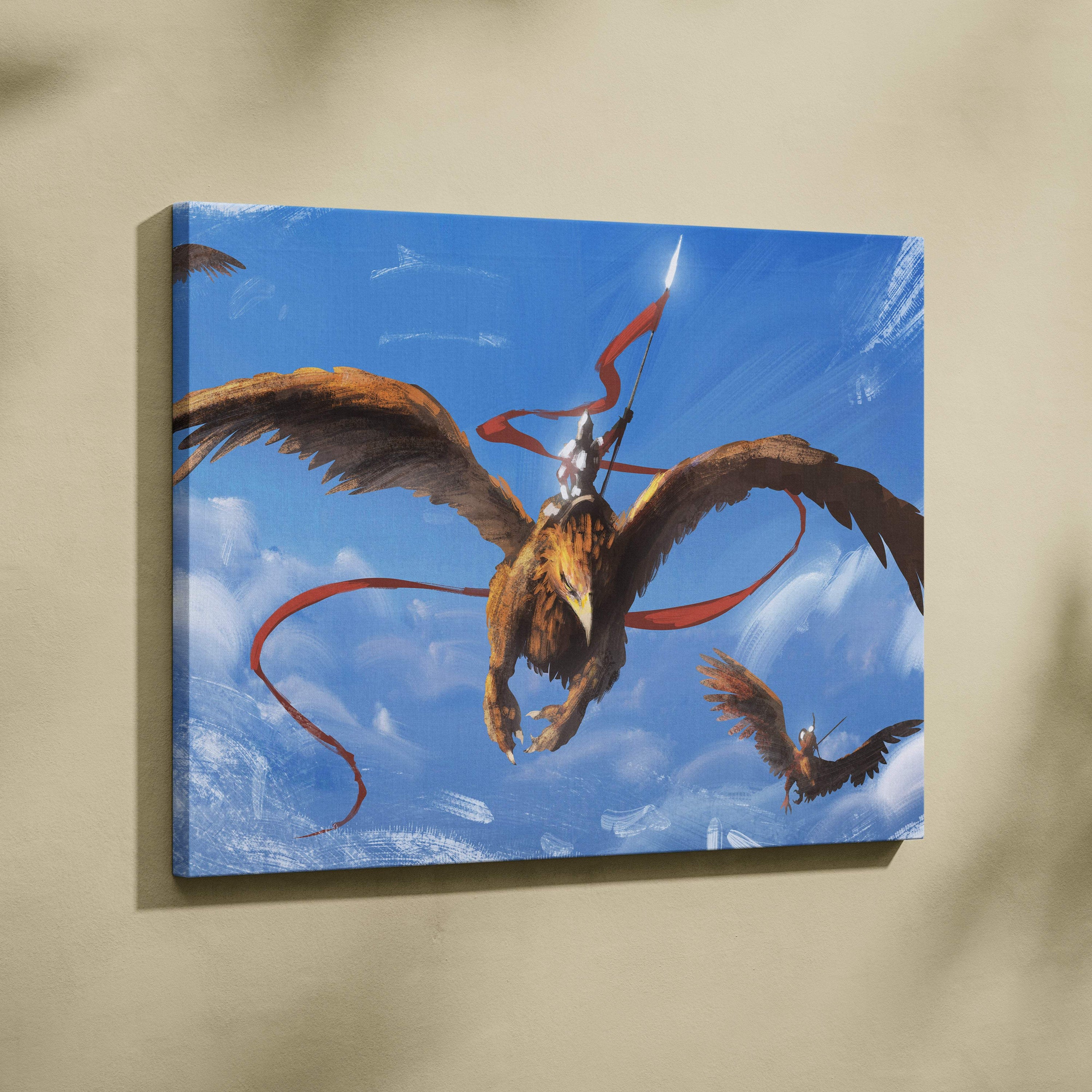 Flying griffin warrior canvas art featuring a majestic brown griffin with rider and red ribbons in blue sky wall decor