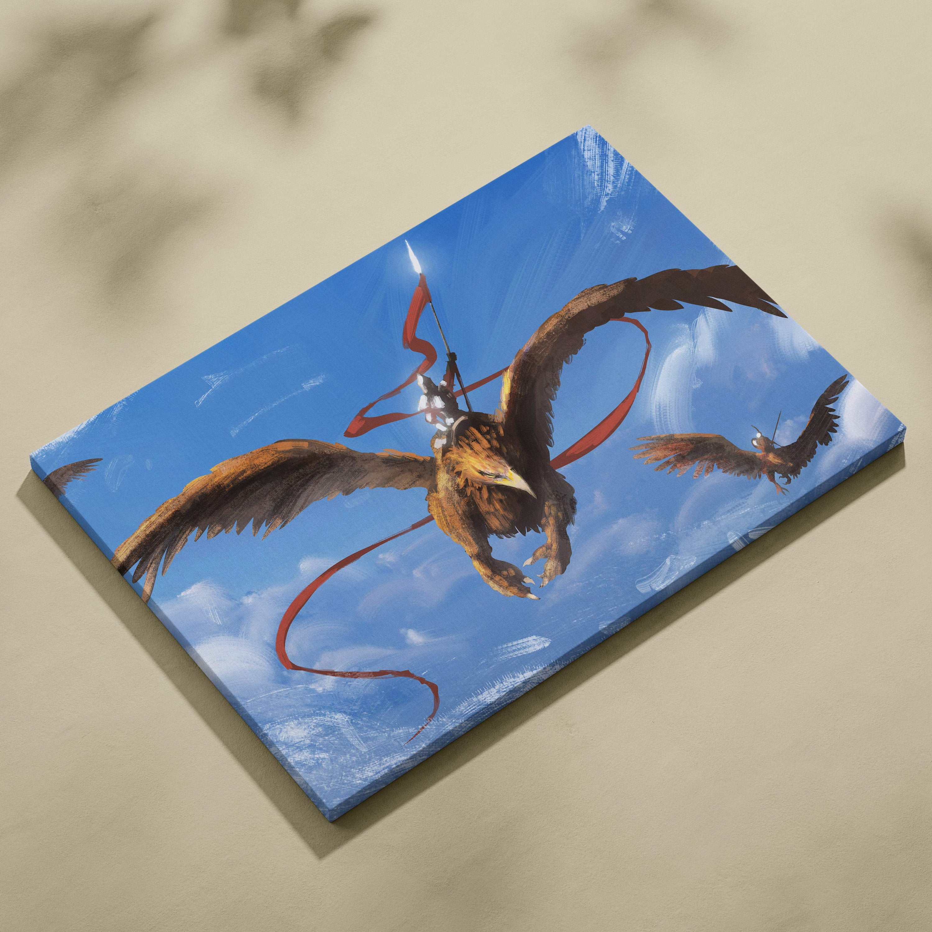 Flying griffin warrior canvas art featuring a rider on detailed brown feathers with red ribbons against blue sky