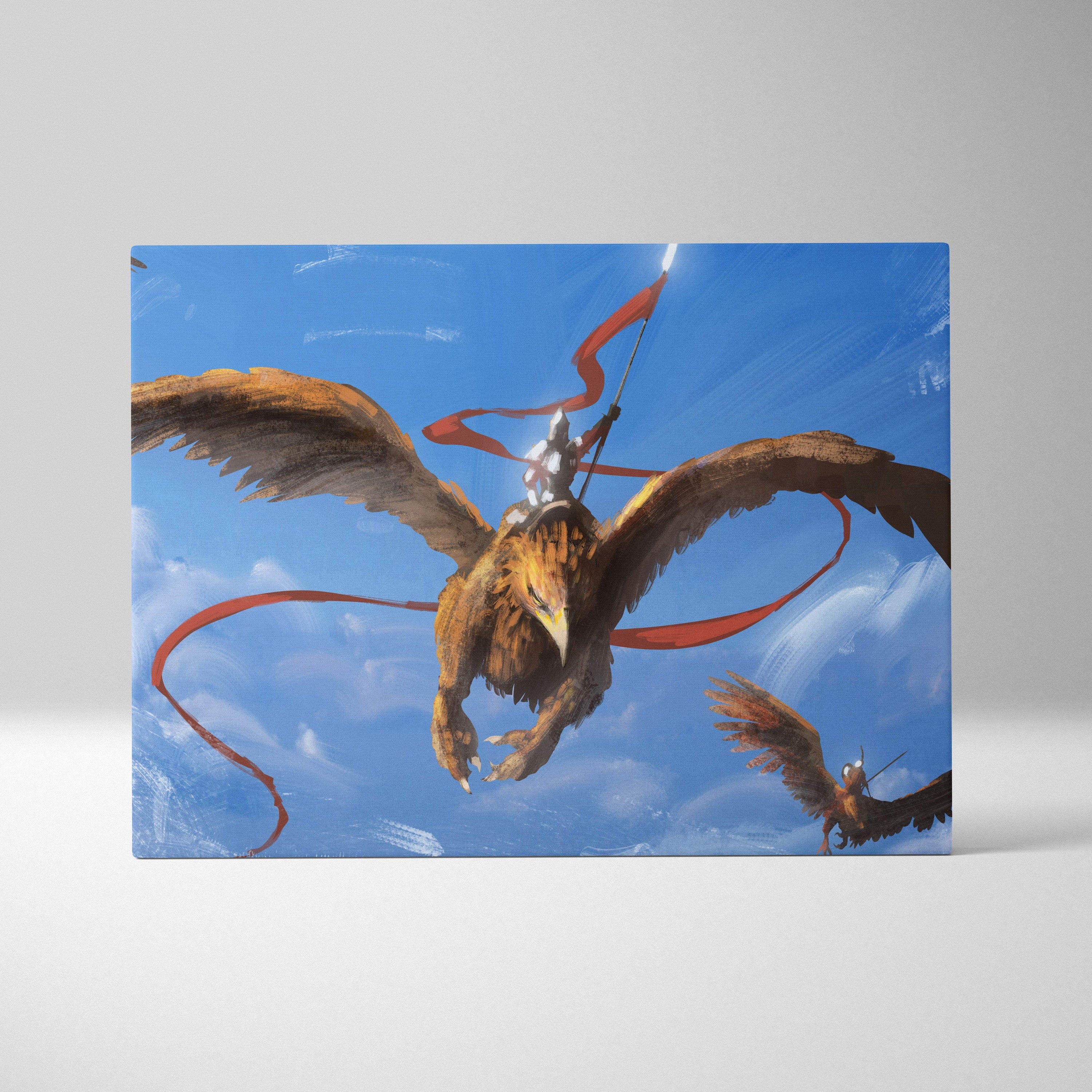 Flying griffin warrior canvas art featuring a brown griffin with golden feathers and a rider in white armor on a blue sky background