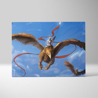 Flying griffin warrior canvas art featuring a brown griffin with golden feathers and a rider in white armor on a blue sky background