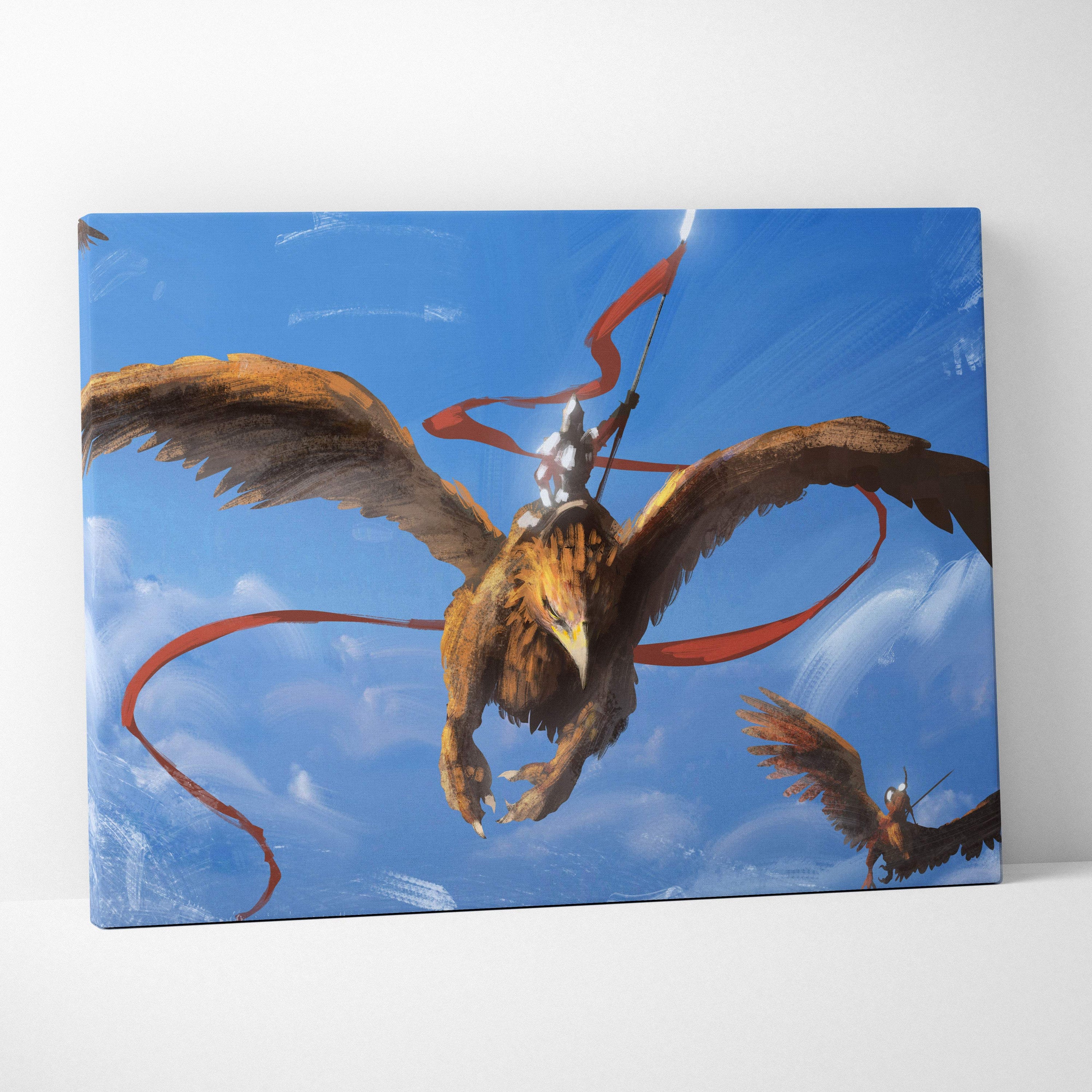 Flying griffin warrior canvas art shows a golden-brown griffin with outstretched wings carrying a rider through blue sky