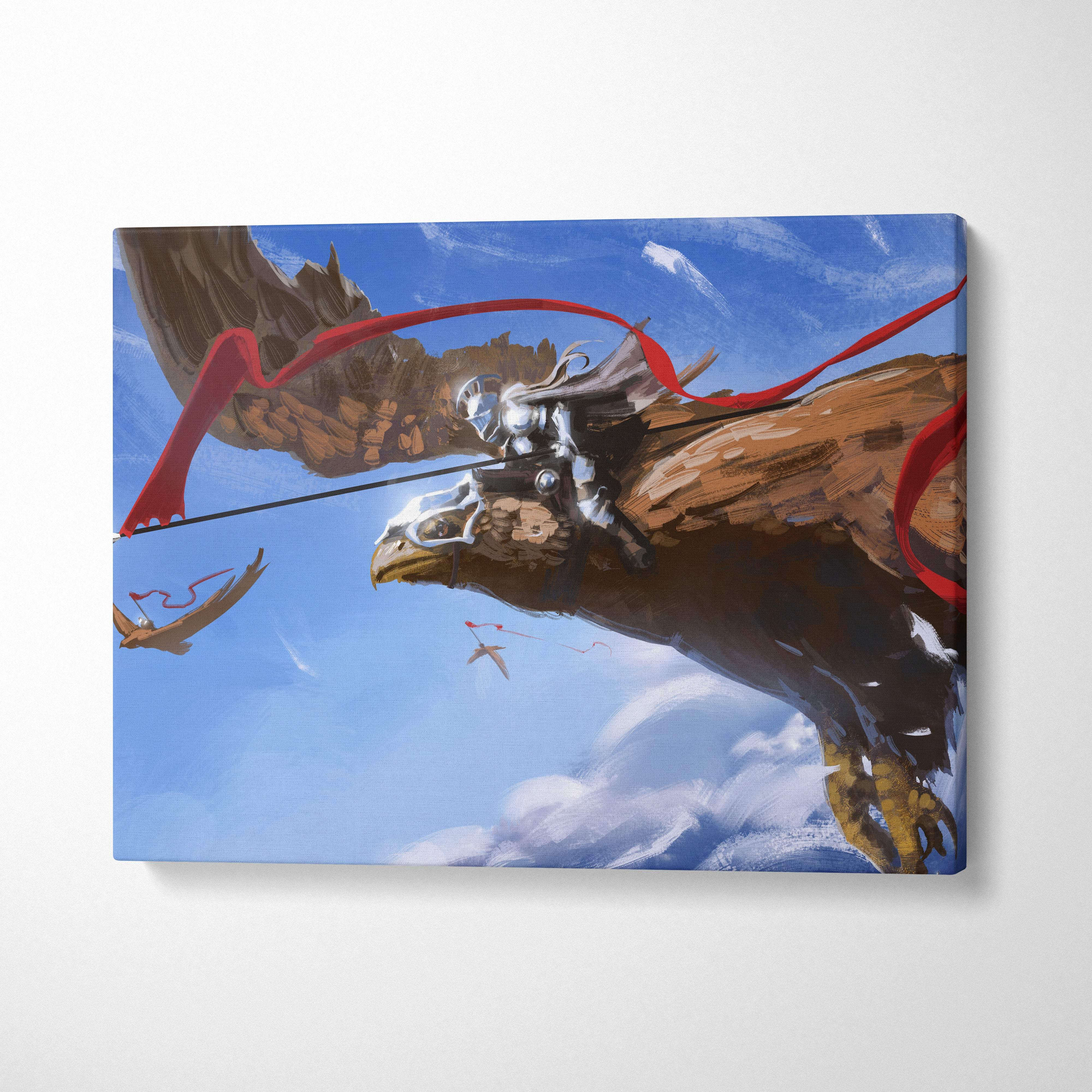 Canvas print of a knight in silver armor riding a massive brown eagle against a blue sky with white clouds