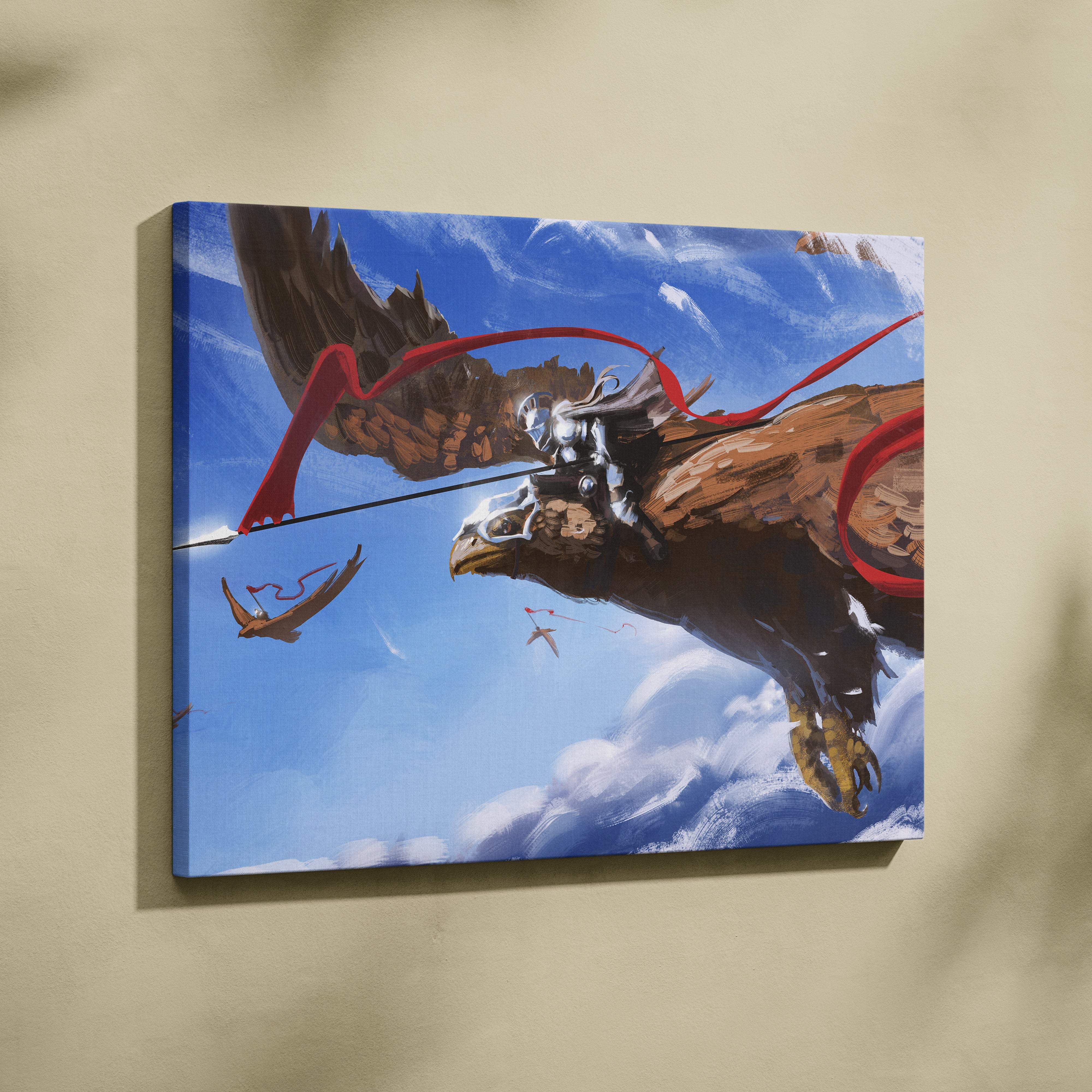 Eagle rider warrior canvas art of a knight in silver armor on a brown eagle with red ribbons against blue sky