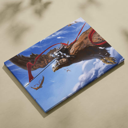 Canvas print of a brown eagle with red ribbons and metallic accents soaring through blue sky epic fantasy wall decor