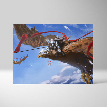 Rectangular canvas print of a knight in silver armor riding a brown eagle with a red banner against a blue sky
