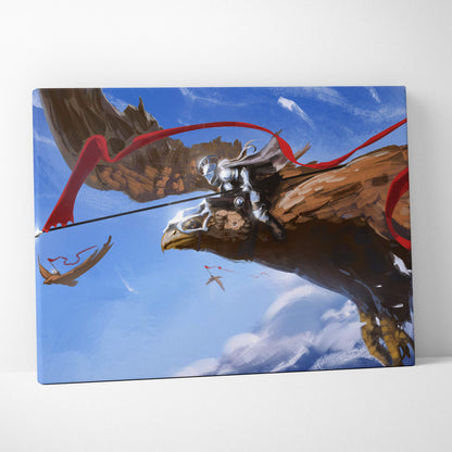 Eagle rider warrior canvas art featuring a knight in silver armor on a brown eagle against blue sky wall decor