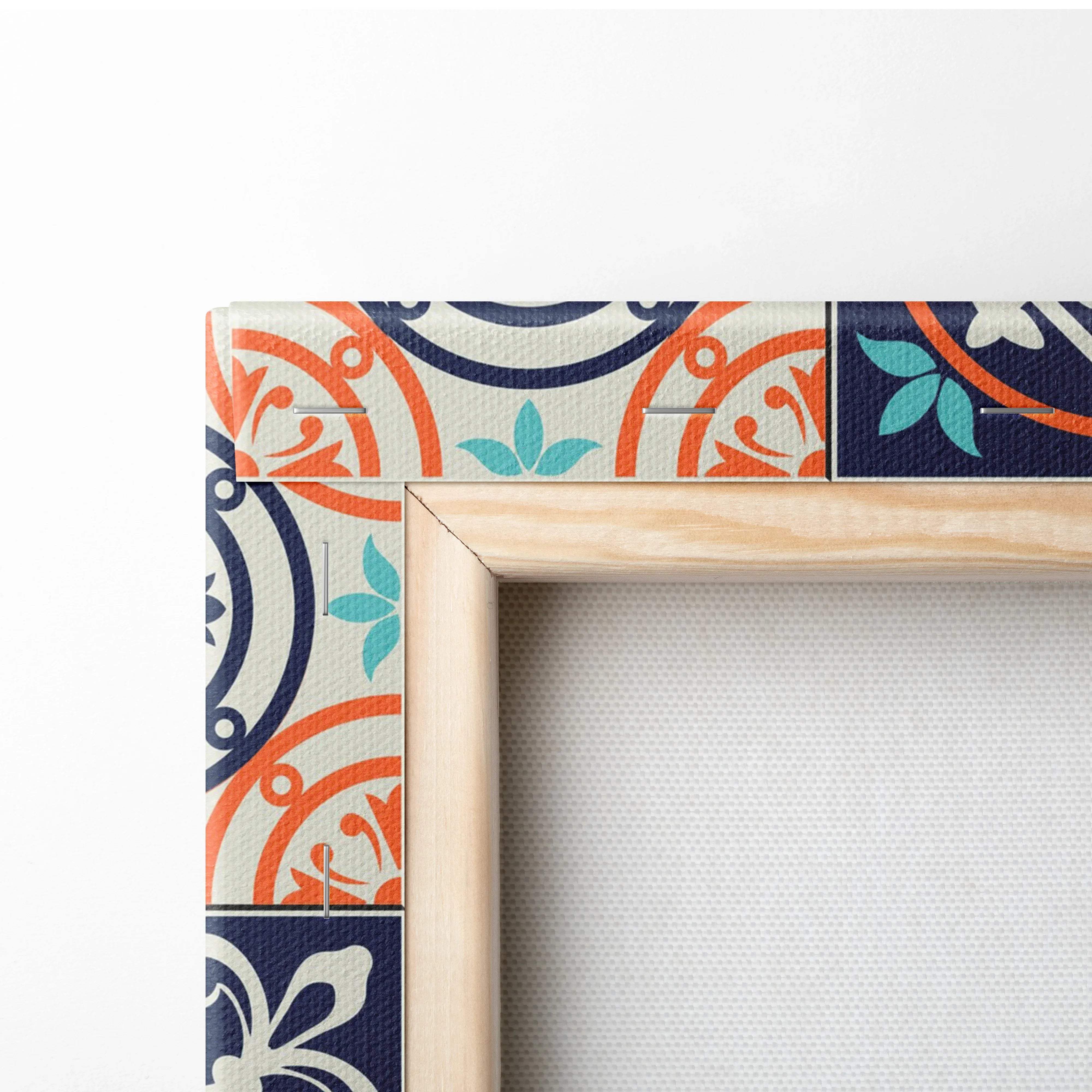 Mediterranean Portuguese azulejo tile canvas wall art in navy teal orange