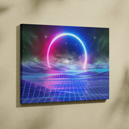 Neon grid horizon canvas wall art print featuring a glowing pink and blue circular portal over a grid landscape