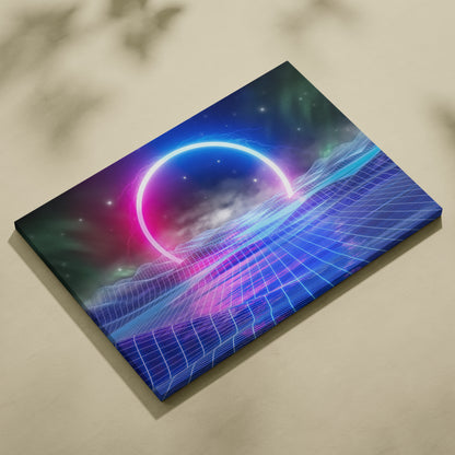 Neon grid horizon canvas wall art print featuring a glowing pink and blue crescent on a starry cyberpunk landscape
