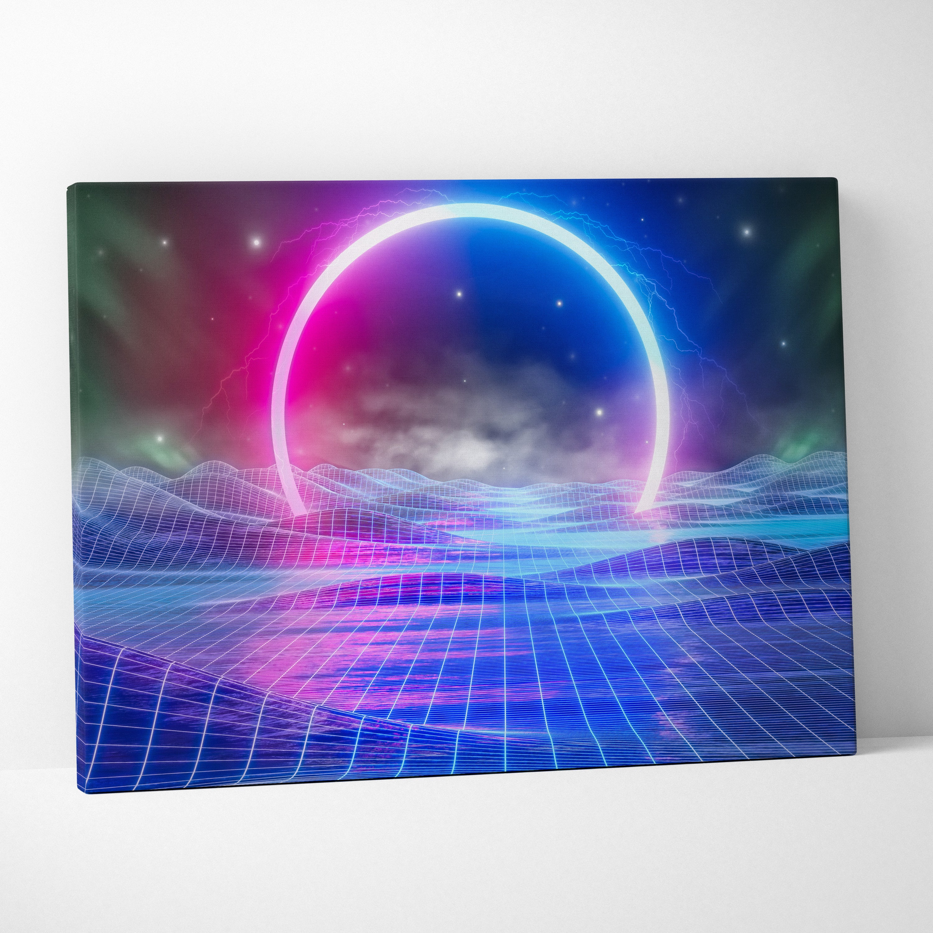 Vibrant neon-hued canvas print with glowing circular arch over blue pink grid landscape for gaming or bedroom decor