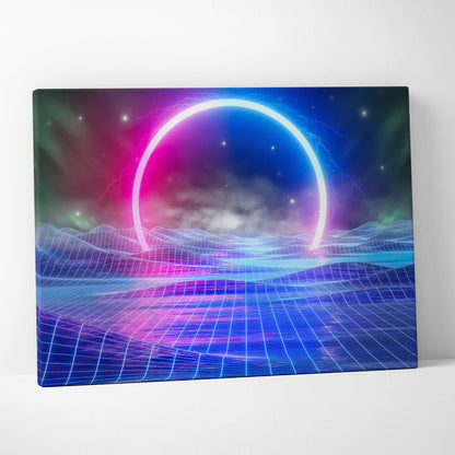Vibrant neon-hued canvas print with glowing circular arch over blue pink grid landscape for gaming or bedroom decor