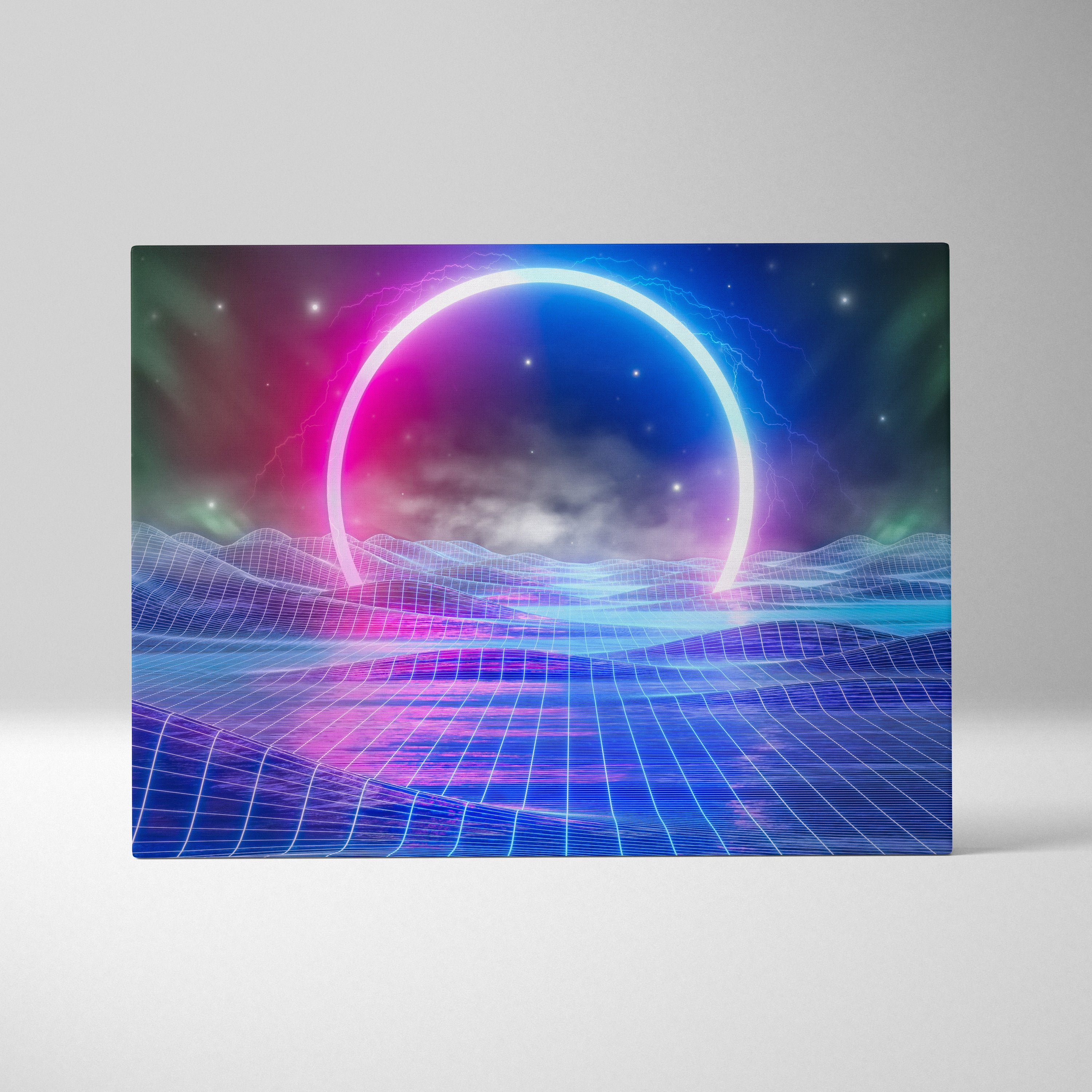 Neon grid horizon canvas wall art print featuring a glowing circular portal over a blue pink retro futuristic grid terrain