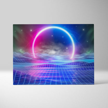 Neon grid horizon canvas wall art print featuring a glowing circular portal over a blue pink retro futuristic grid terrain