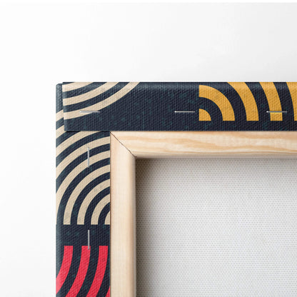 Mid century modern abstract geometric wall art with retro arcs in navy blue mustard cream coral red