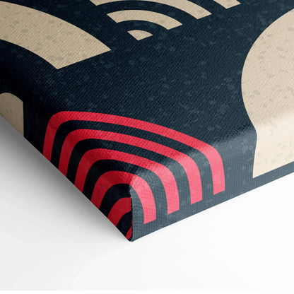 Black canvas print with red beige geometric waves and retro arcs