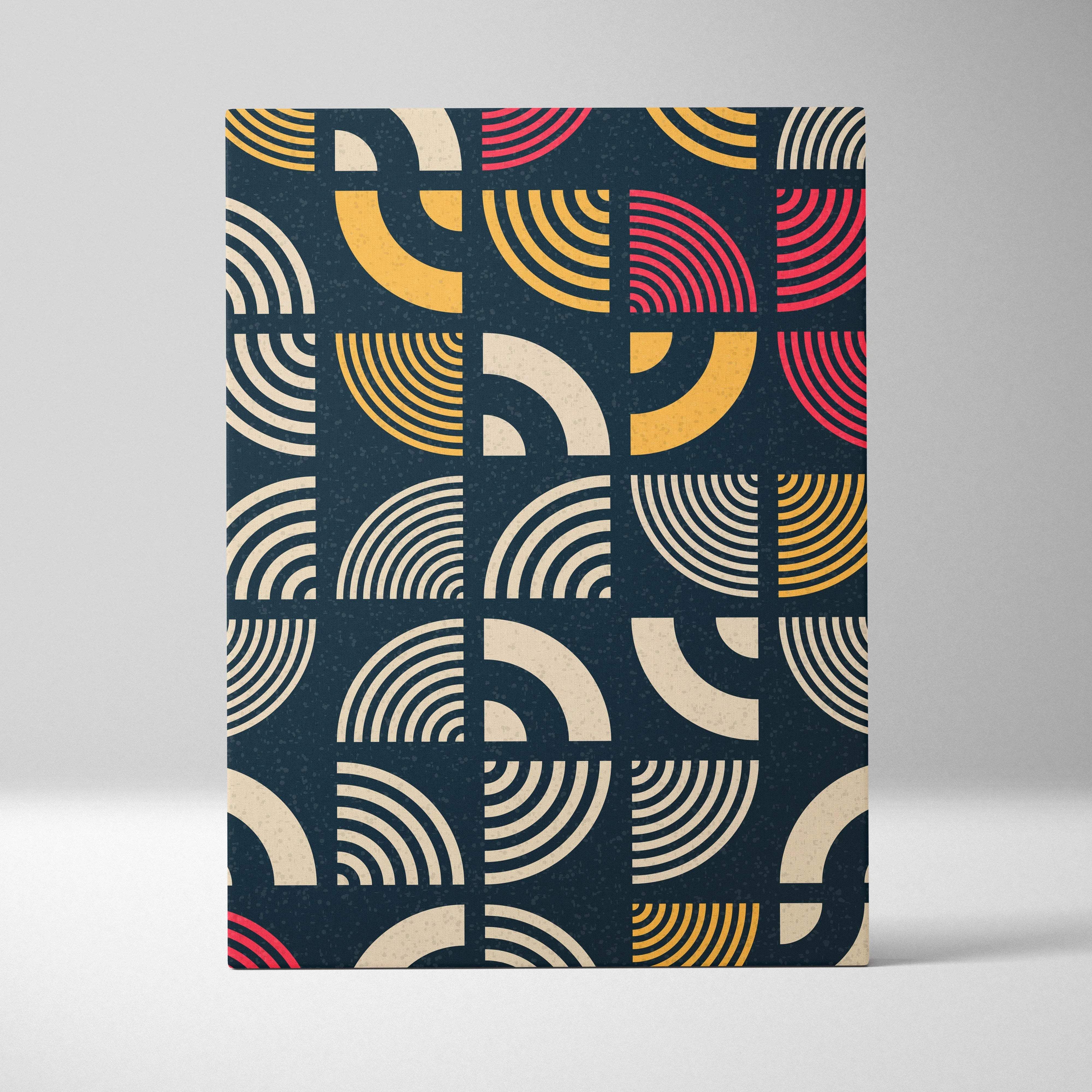 Mid century modern notebook with navy geometric arcs in cream yellow pink
