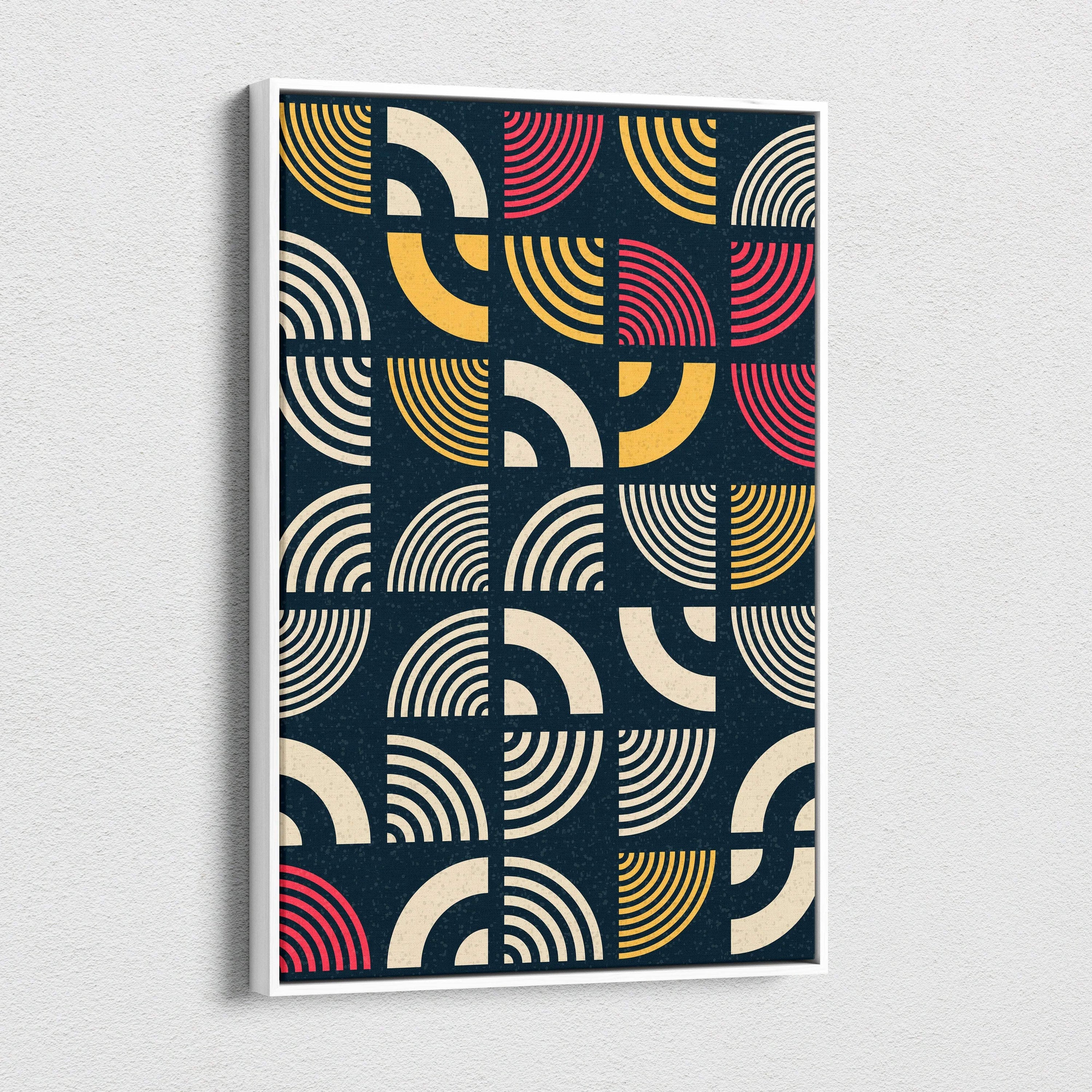 Mid century modern geometric wall art with retro arcs in navy mustard cream coral