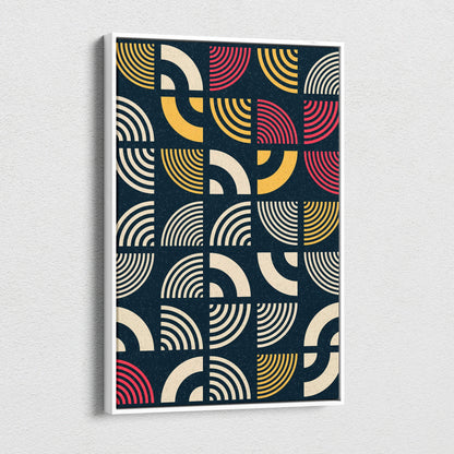 Mid century modern geometric wall art with retro arcs in navy mustard cream coral