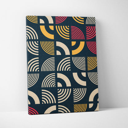 Mid century modern geometric wall art with retro arcs in navy, mustard, cream, coral