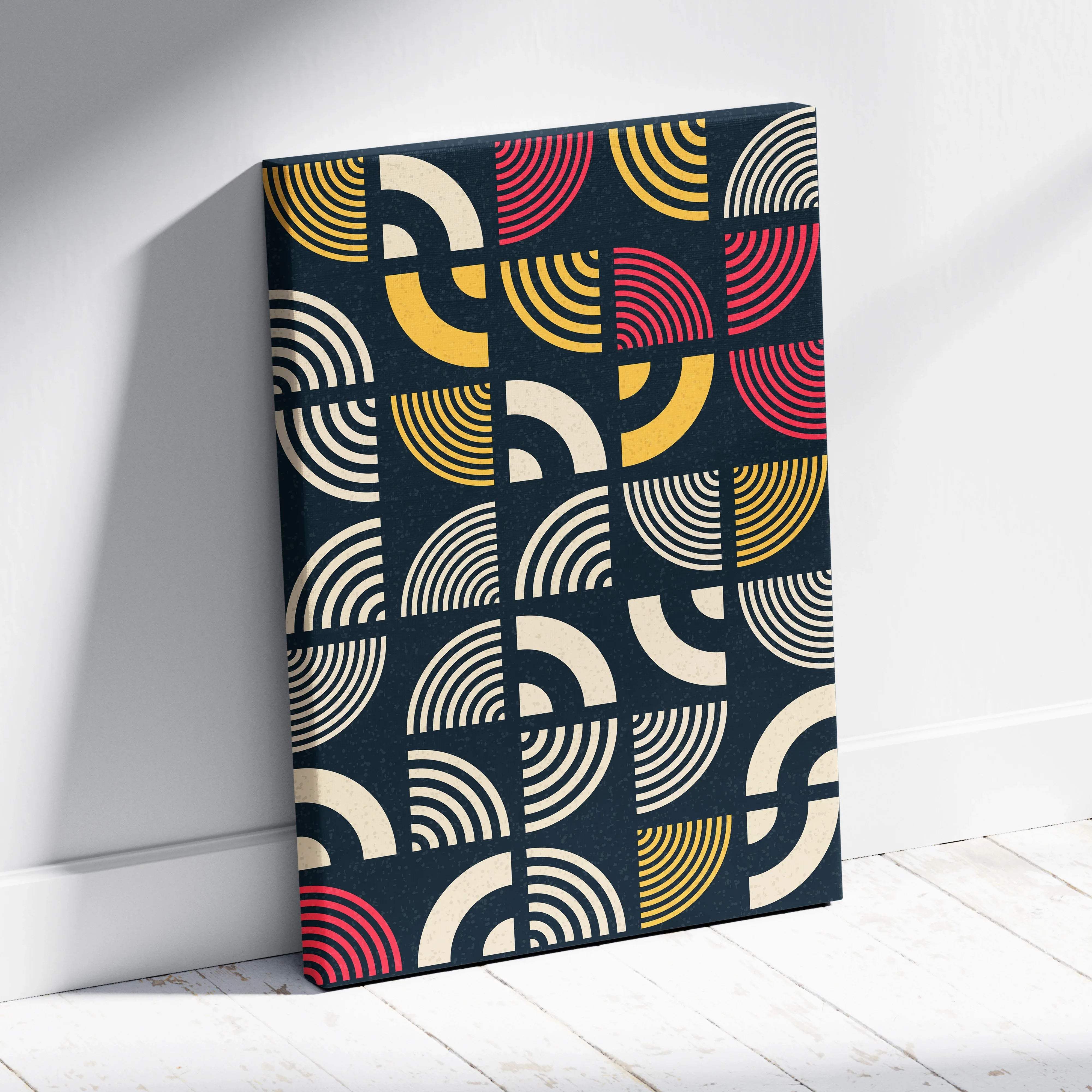 Mid century modern geometric wall art with retro arcs in navy, mustard, cream, coral