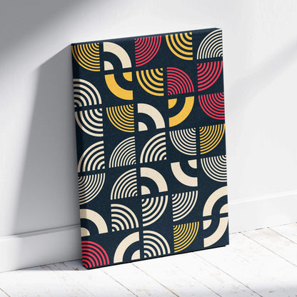 Mid century modern geometric wall art with retro arcs in navy, mustard, cream, coral