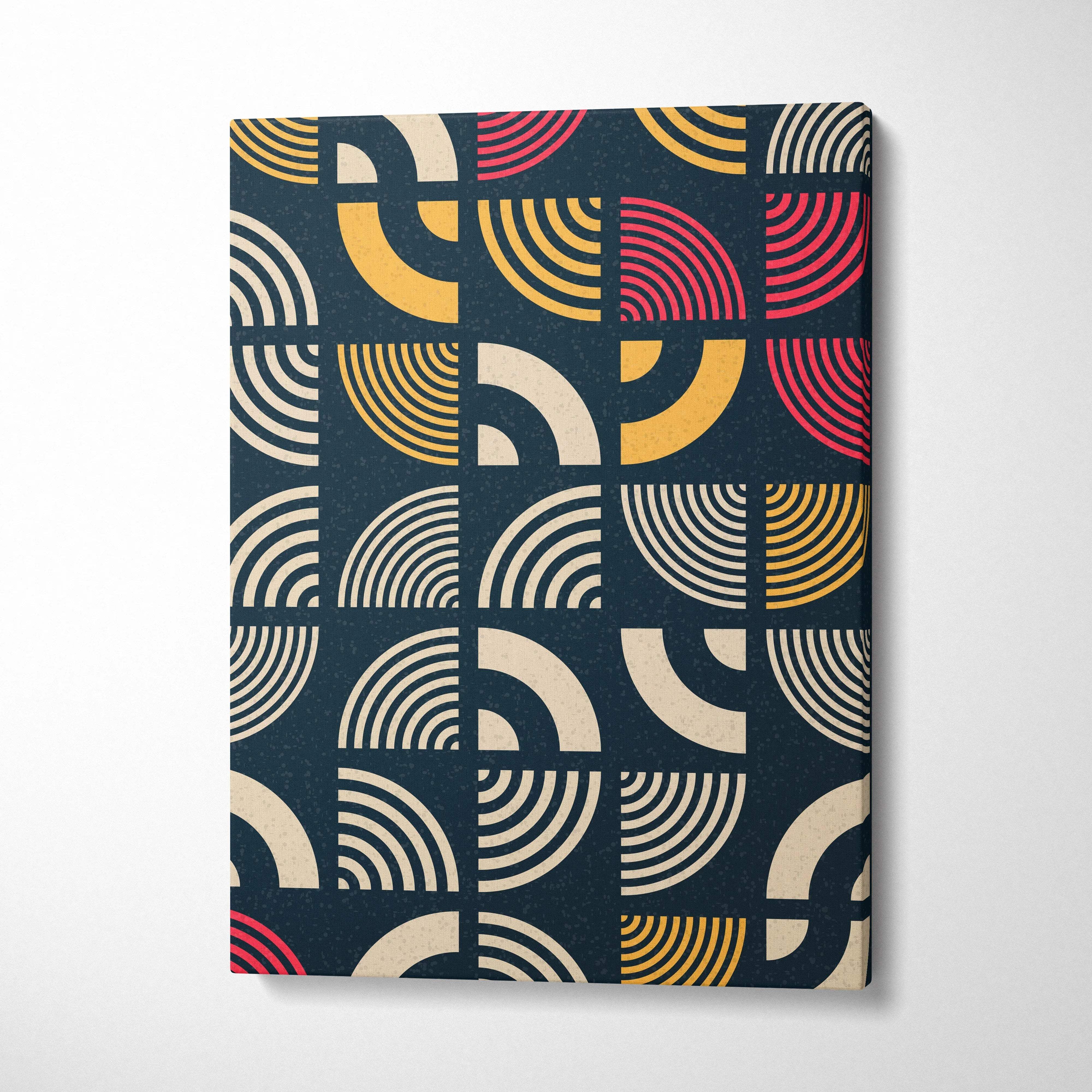 Mid century modern abstract geometric wall art with retro arcs in navy blue, mustard, cream, coral