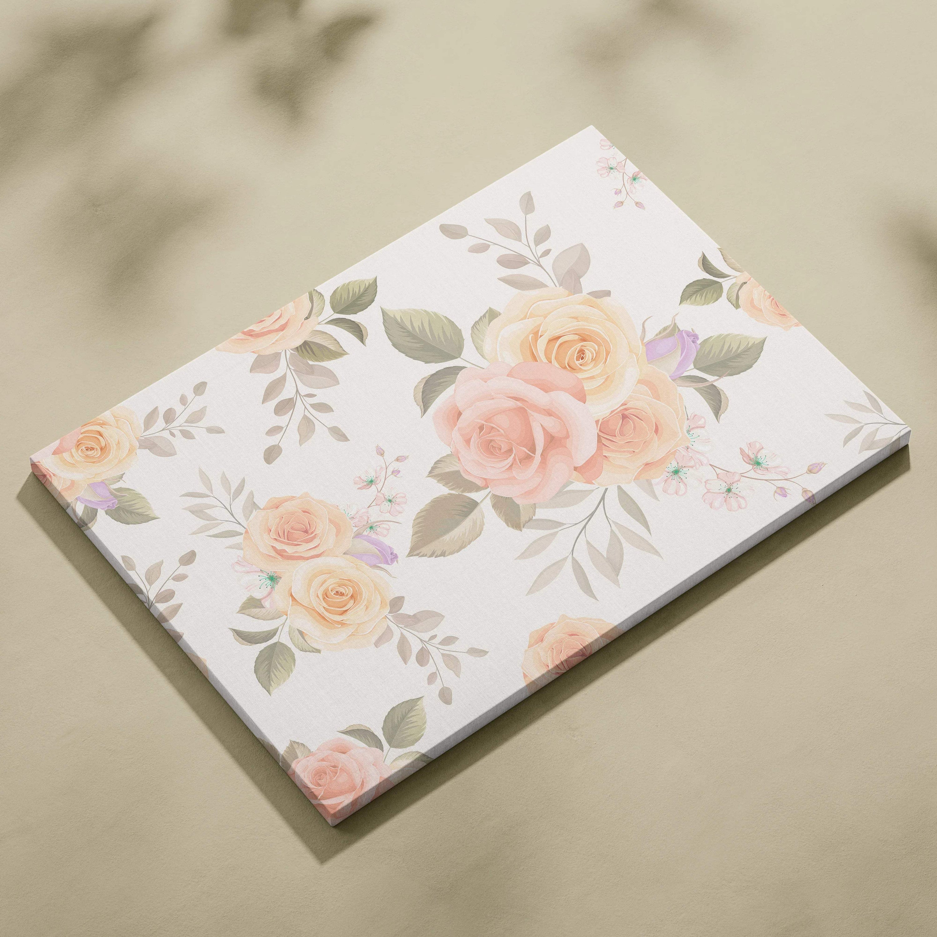 Seamless vintage rose pattern canvas wall art with blush peach blooms