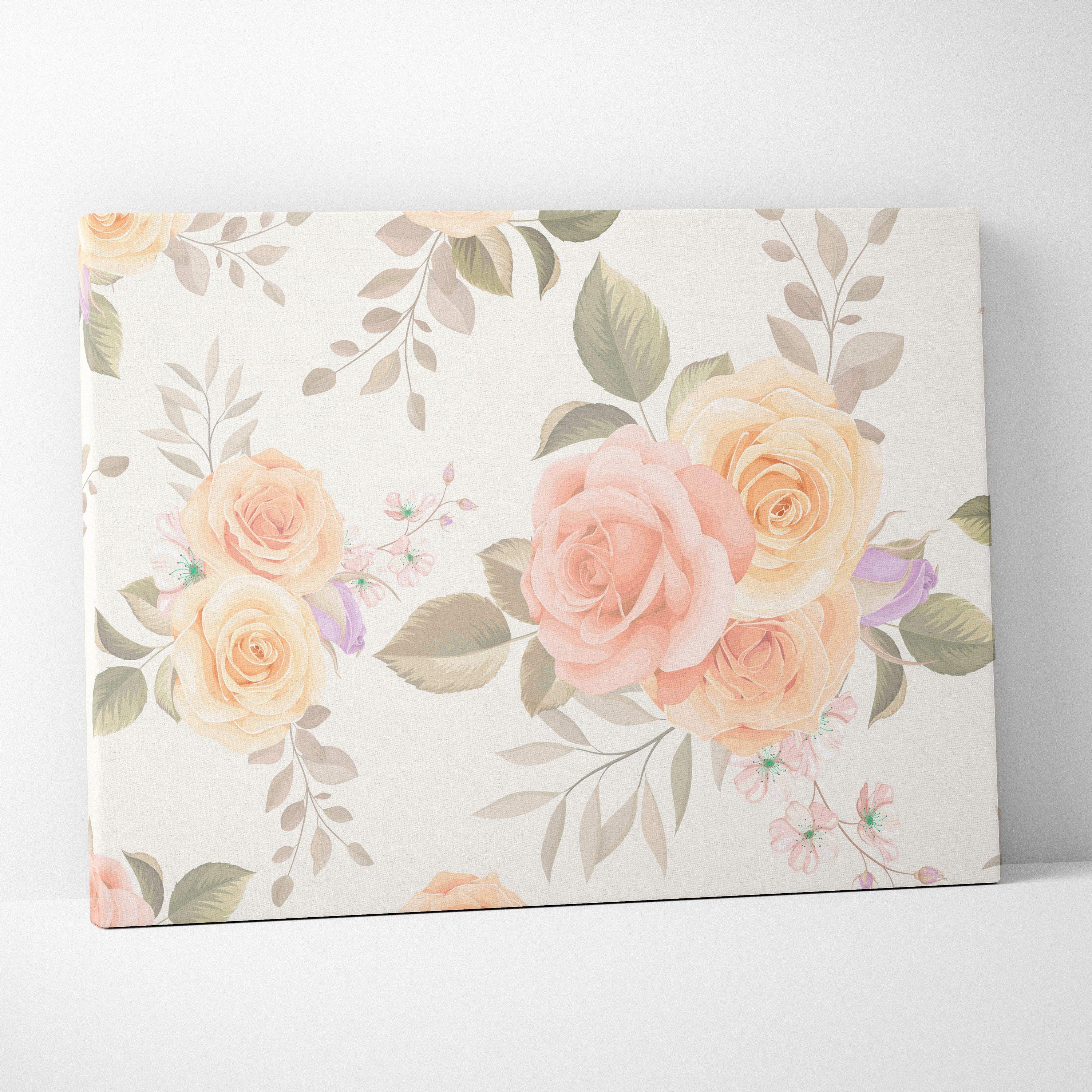 Seamless vintage rose pattern canvas wall art with blush peach blooms