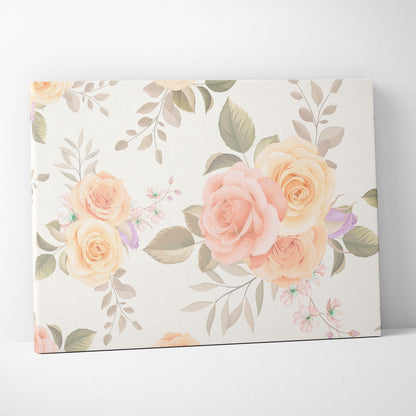 Seamless vintage rose pattern canvas wall art with blush peach blooms