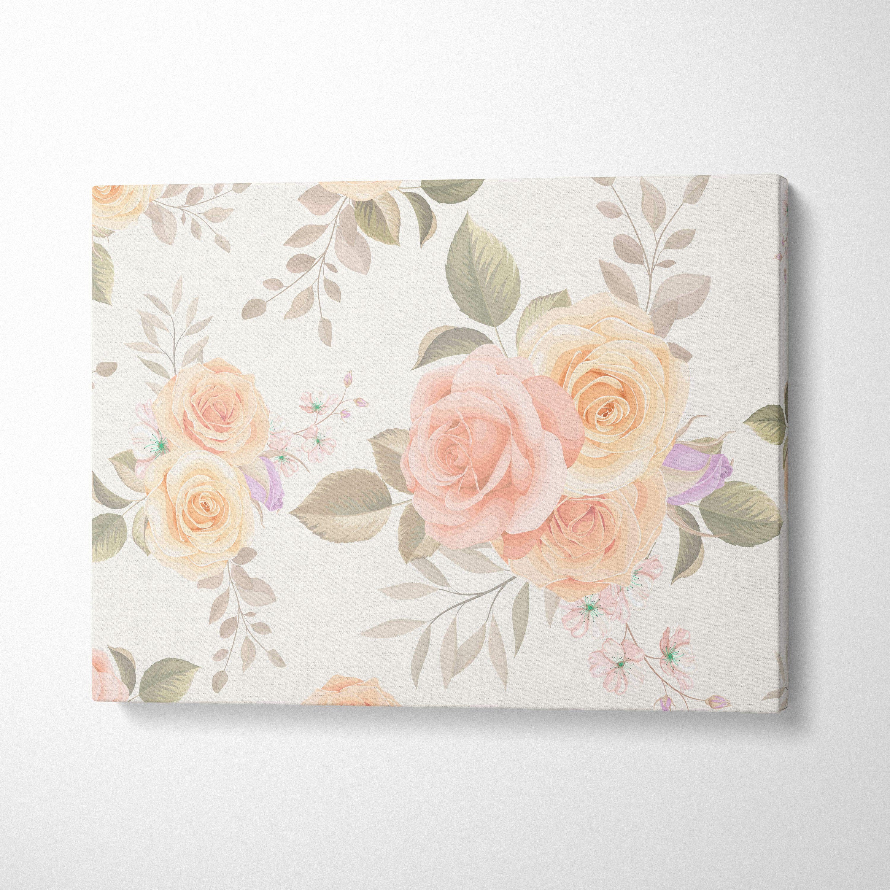 Seamless vintage rose pattern canvas wall art with blush peach blooms